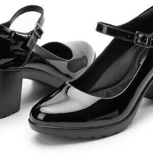 Women’s Mary Jane Heels Faux Leather Chunky Block Heel Size 5.5 Comfortable